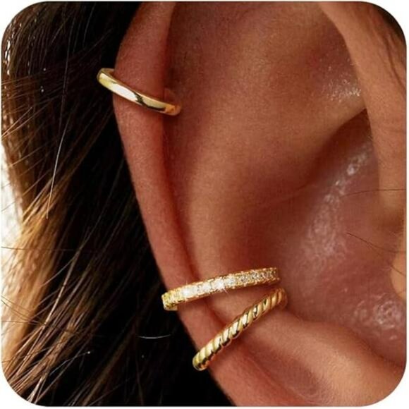 Gold Ear Cuff Earrings Set 3 Piece Non Pierced Cartilage Hypoallergenic CZ - Picture 7 of 7